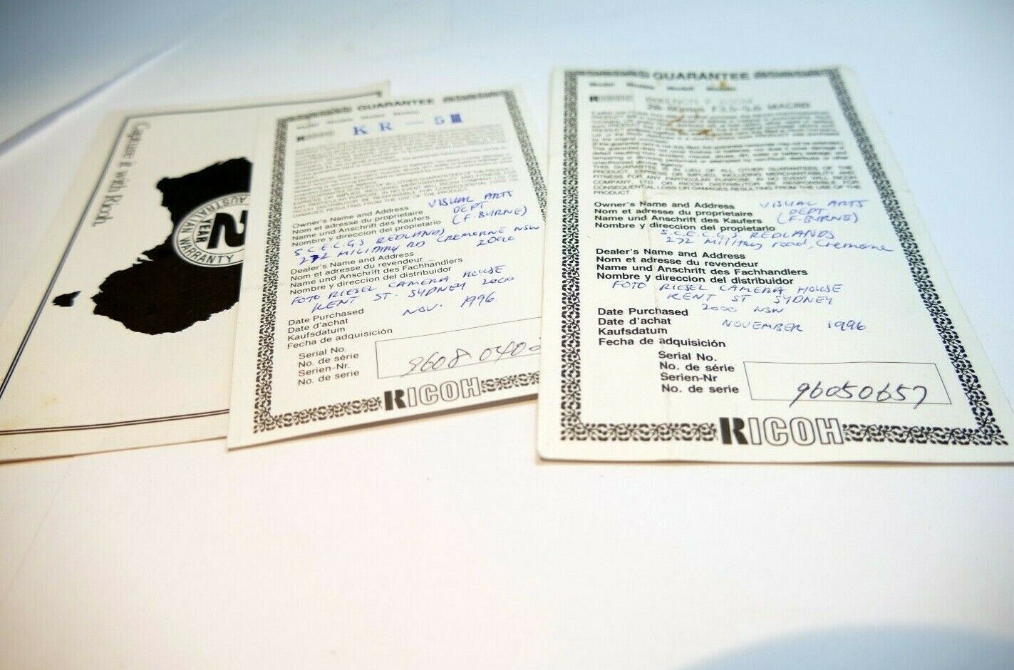 warranty registration card Ricoh KR-5 III28-80mm  Rikenon used vintage