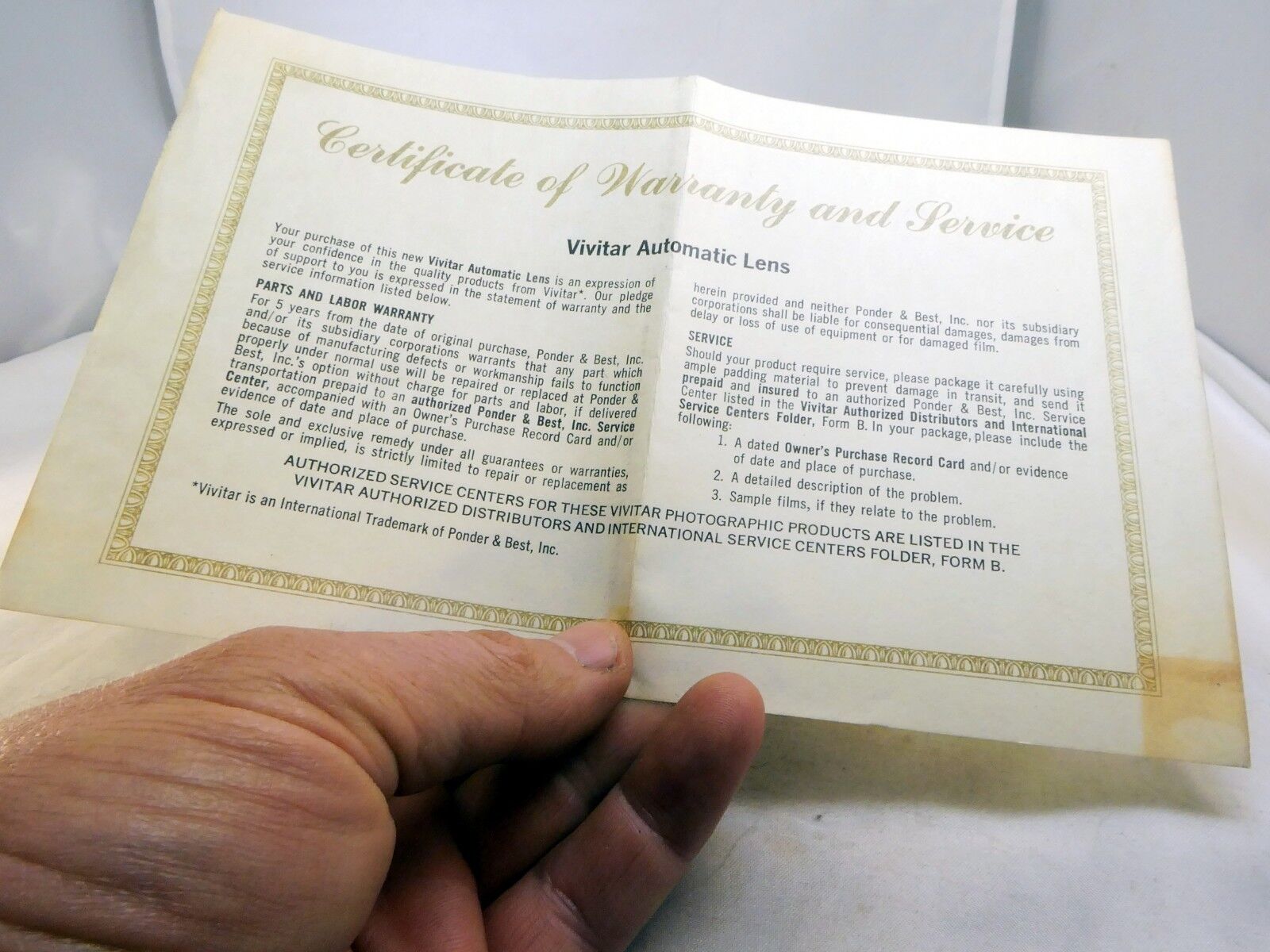 Vivitar Certificate of Warranty and Service Card 50mm f1.9 Lens  1974 vintage