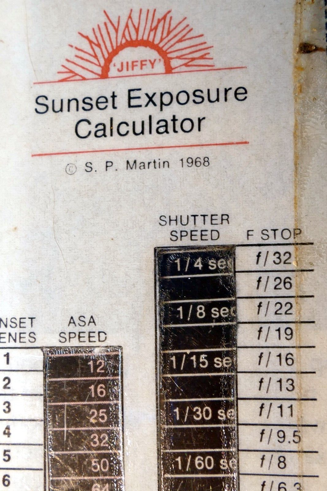 Jiffy Sunset Exposure Calculator in sleeve to determine exposure camera setting