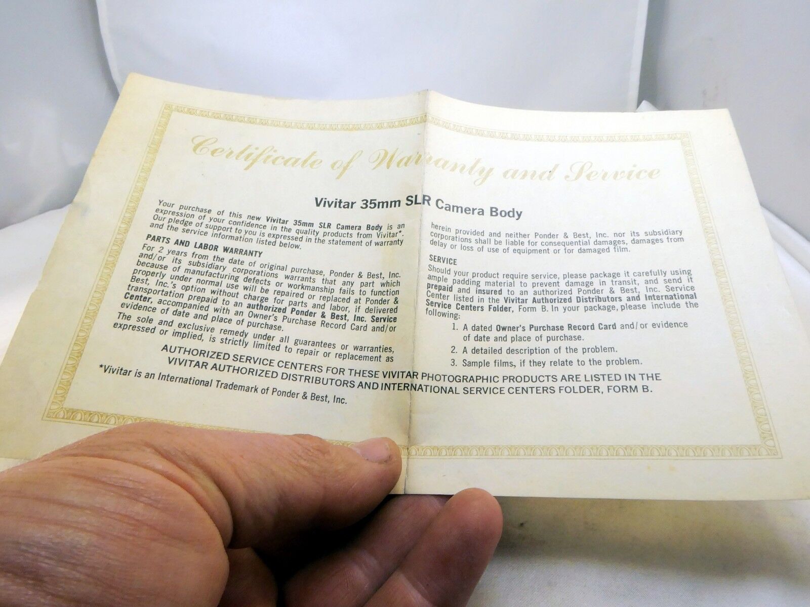 Vivitar Certificate of Warranty and Service Card 35mm 420 SL camera 1974 vintage