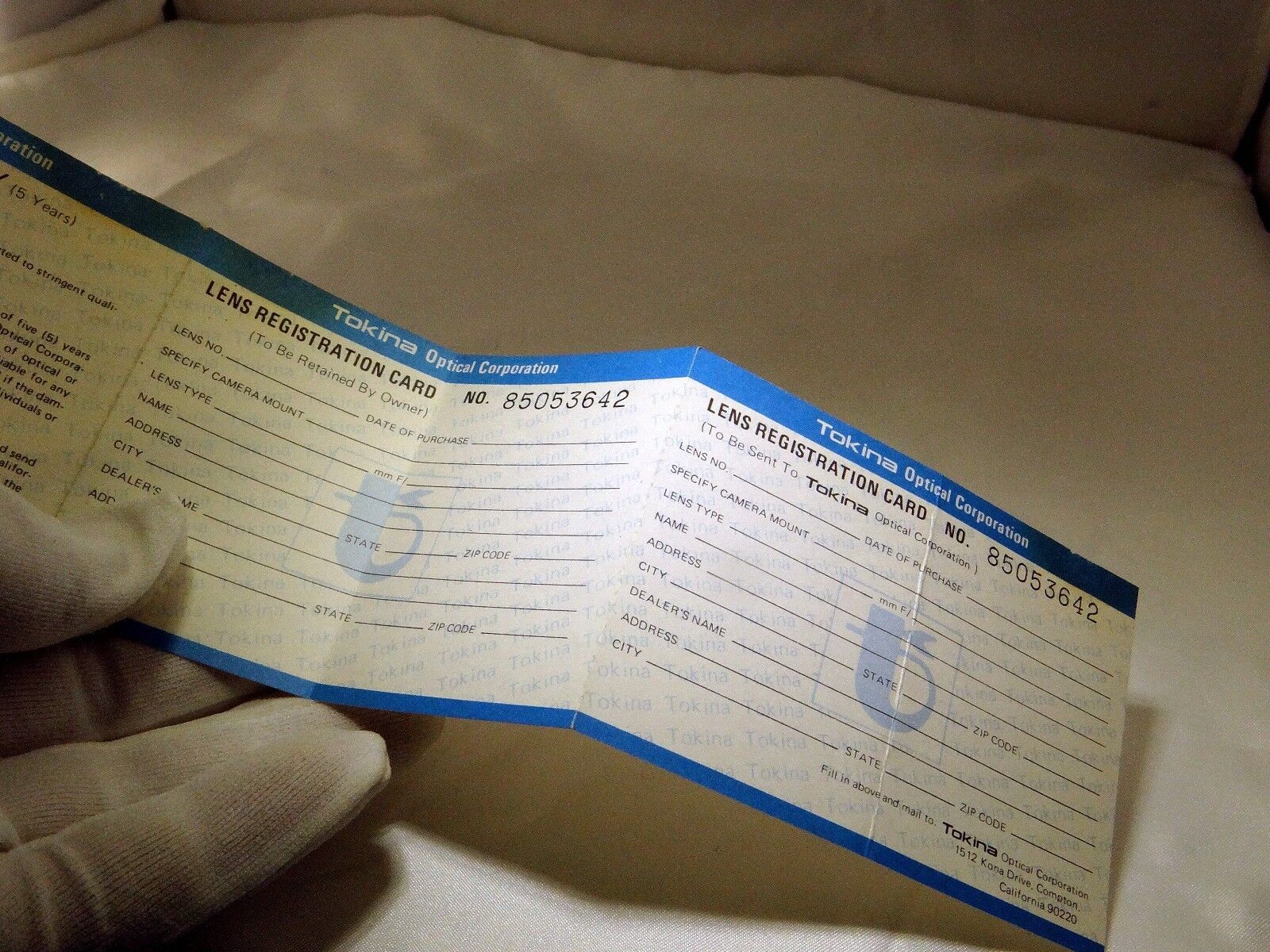 Tokina Lens  Limited Warranty Card Registration Card  1970's  vintage