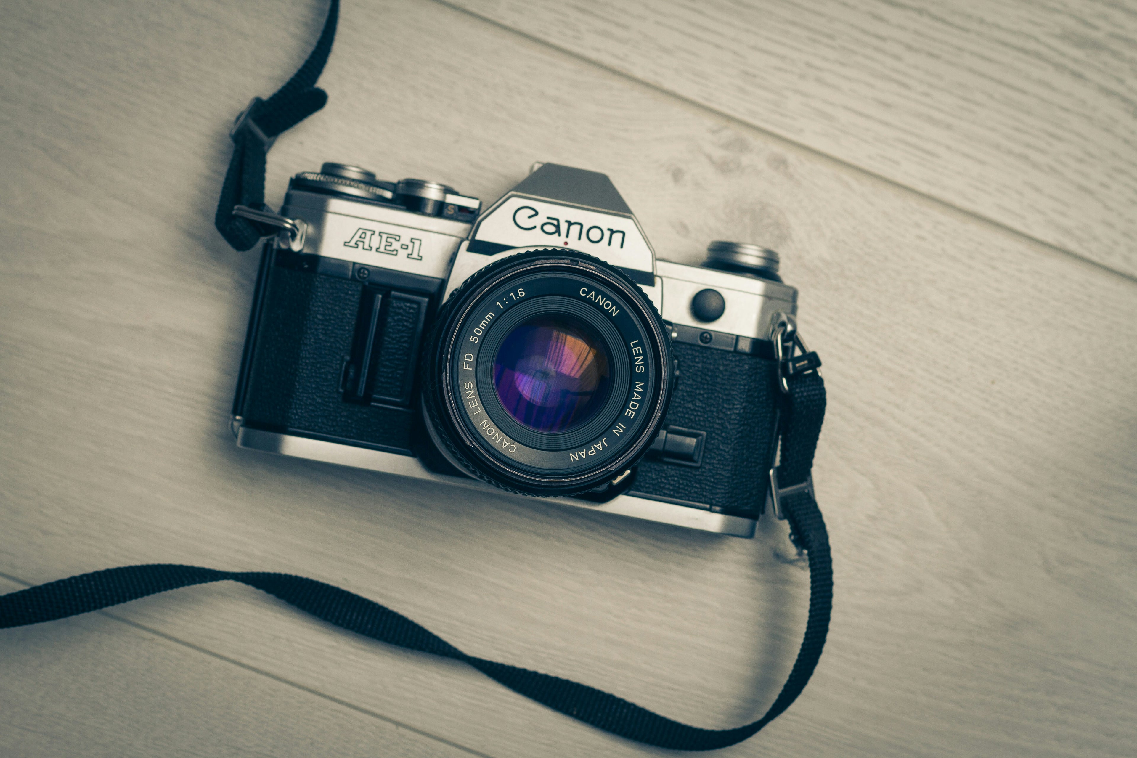 Canon camera on a wooden surface