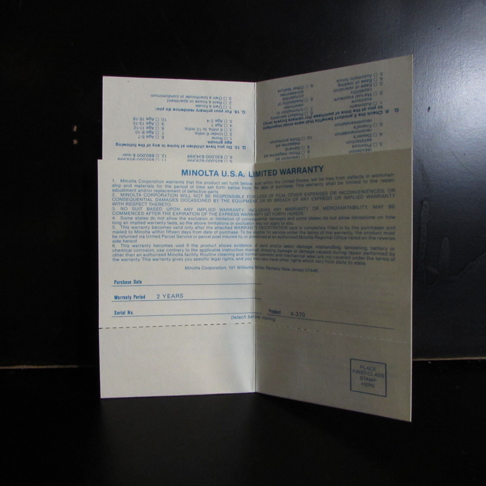 Minolta USA Limited Warranty Card with registration card 31M