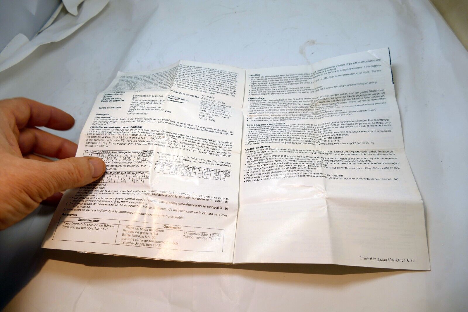 Nikon E series 50mm f1.8  Ai-s LENS Instruction Guide Manual 1983 En Gr Fr Sp