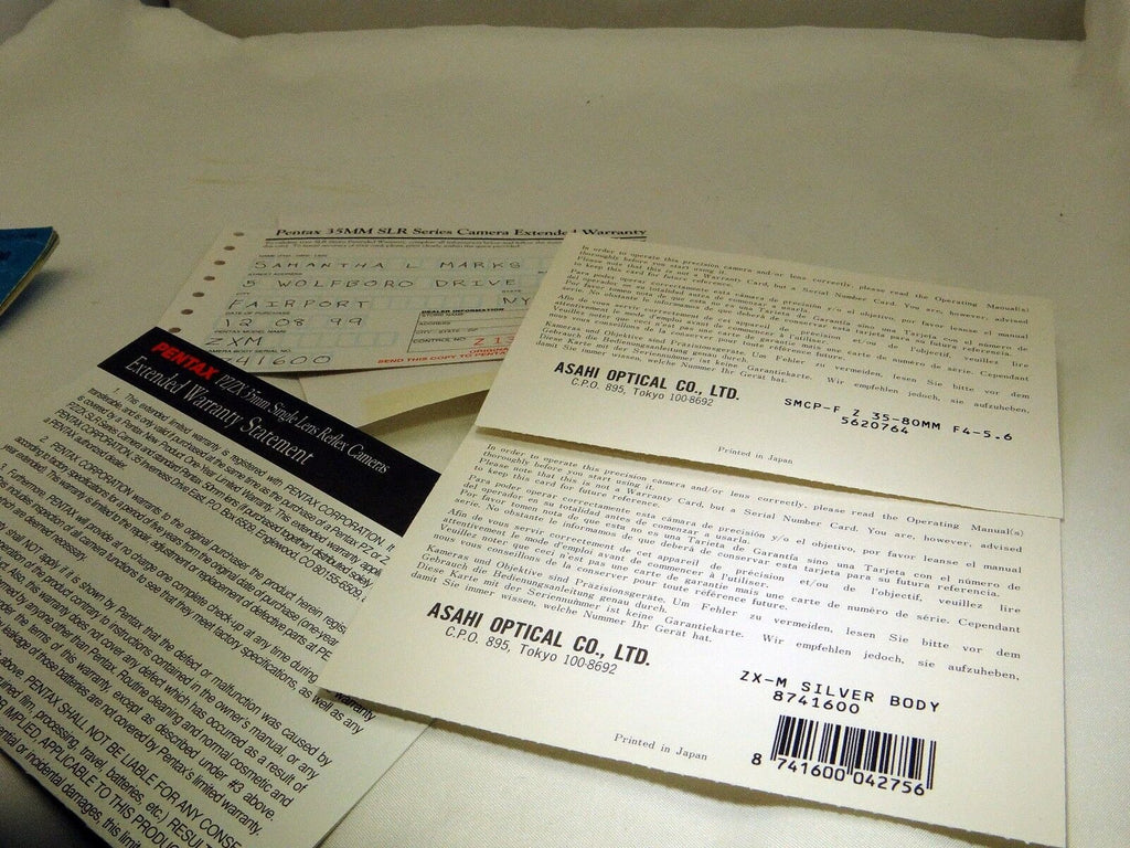 Pentax ZX-M 35mm SLR warranty Card Vintage misc. paperwork 35-80mm lens