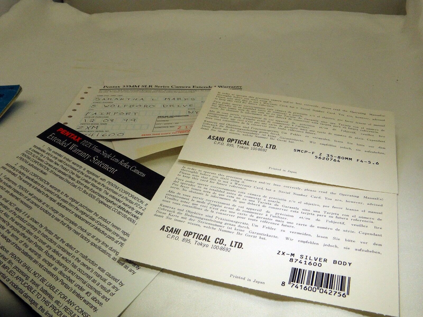 Pentax ZX-M 35mm SLR warranty Card Vintage misc. paperwork 35-80mm lens