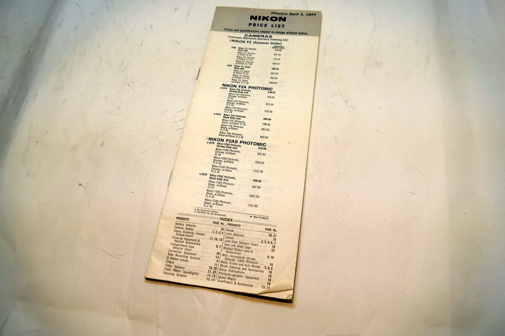 Nikon Sales Brochure Price List Camera F F2A F2AS Photomic FM FM2 - 1977