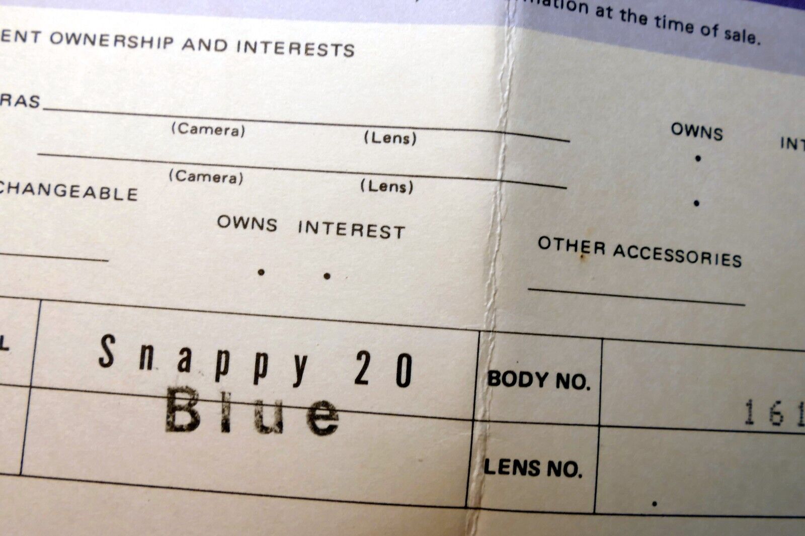 Canon Snappy-20 camera Blue warranty card vintage 1980's
