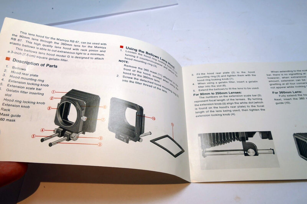 Mamiya RB67 6X7 Bellows Lens Hood Model G OWNER'S MANUAL GUIDE Instructions