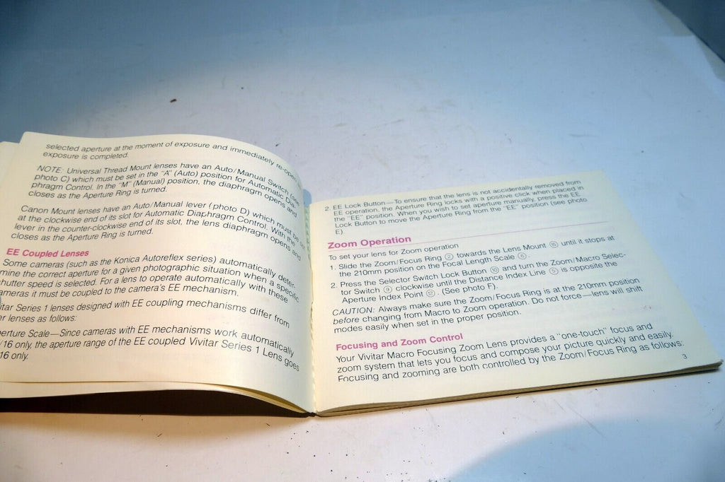 Vivitar 70-210mm f3.5 Macro Lens  User's Manual Instruction Guide series 1