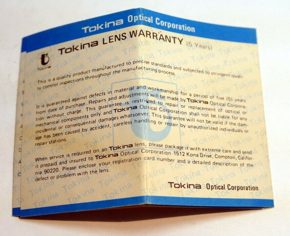 Tokina Lens Registration Card vintage  1980's