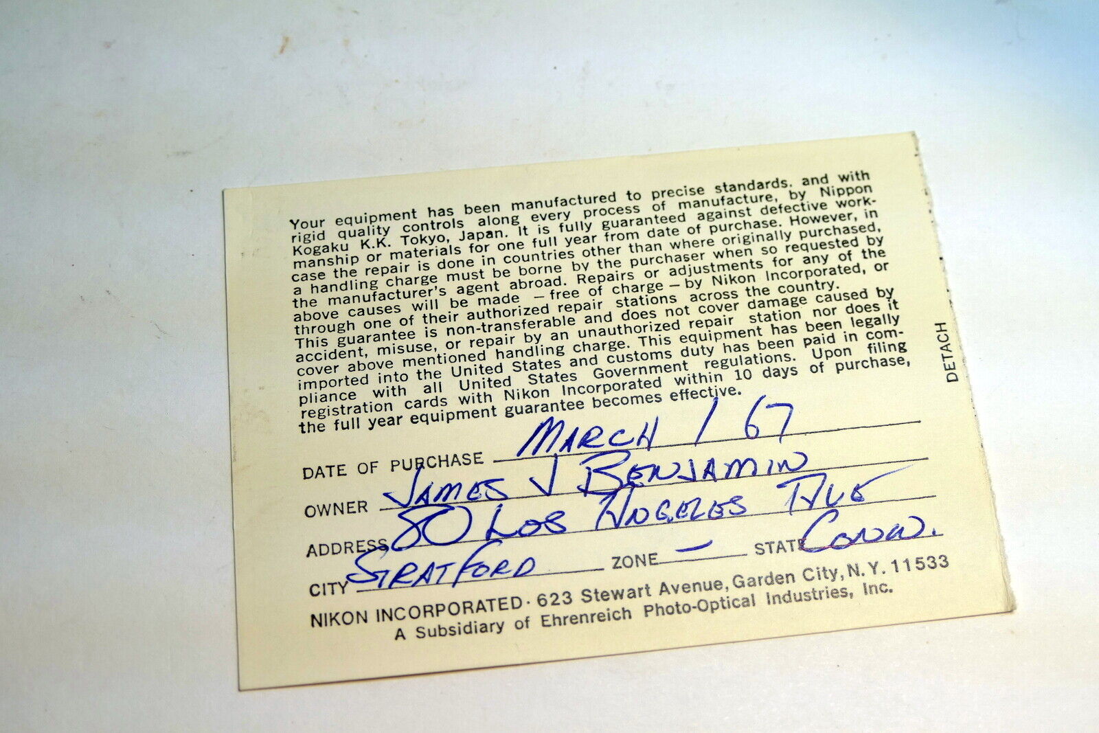 Nikon warranty card 1967 model  35mm f2.8 lens F  Nikkor vintage