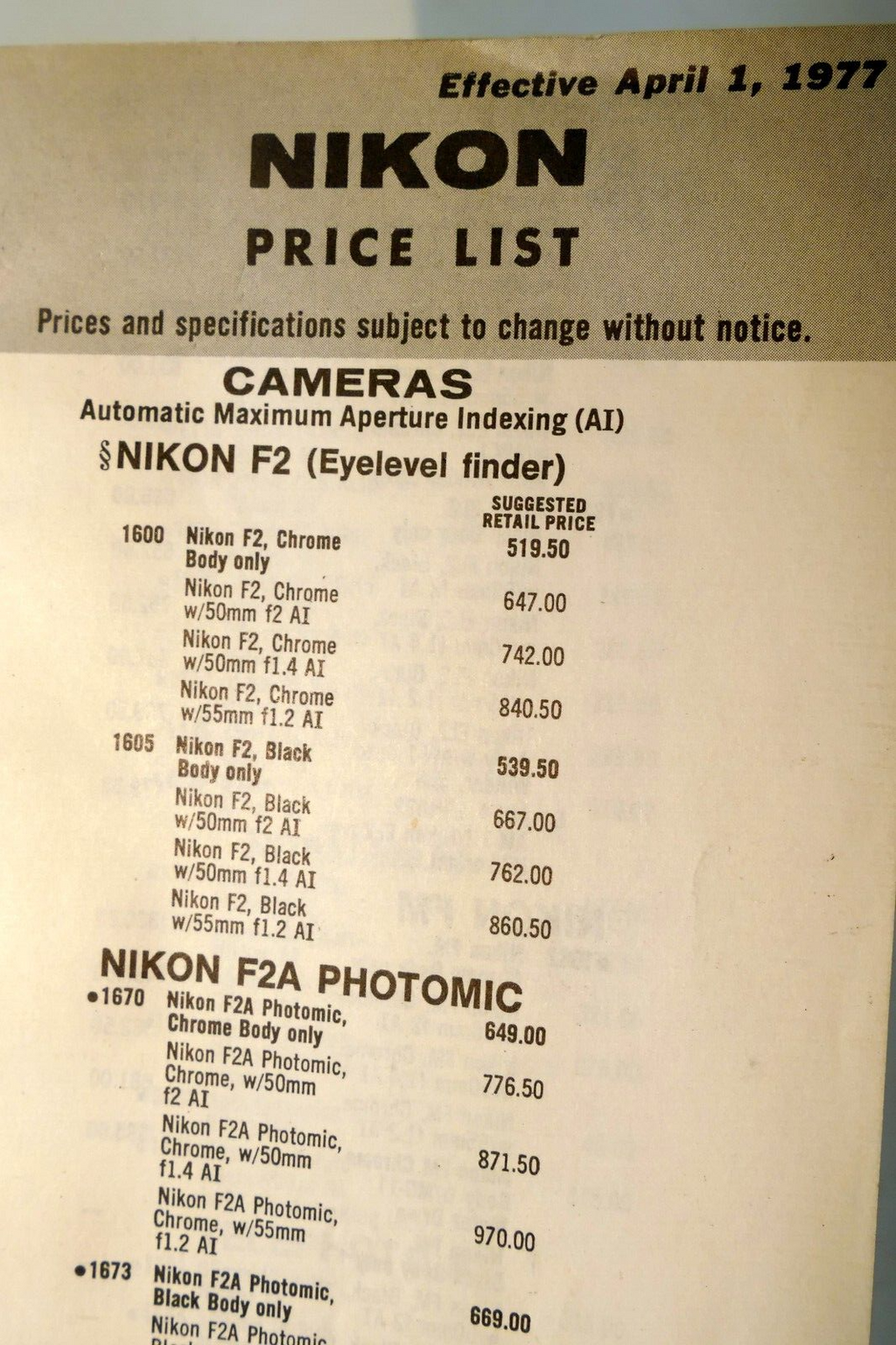 Nikon Sales Brochure Price List Camera F F2A F2AS Photomic FM FM2 - 1977