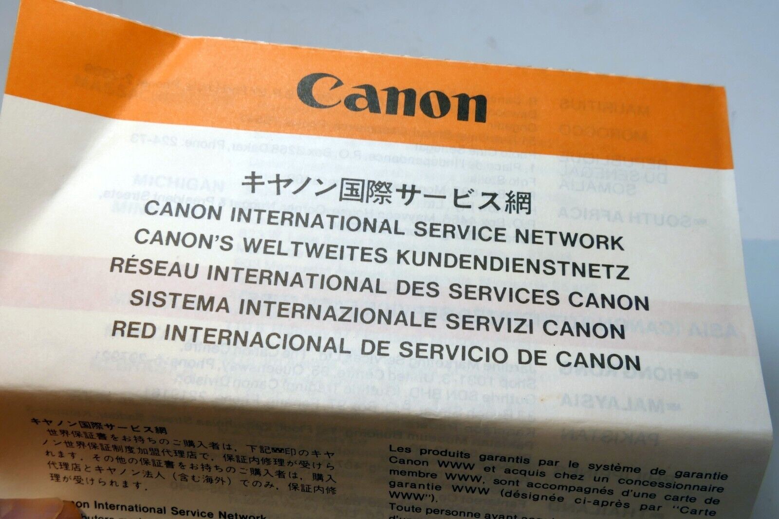Canon warranty International Service network card Lens vintage 1980's