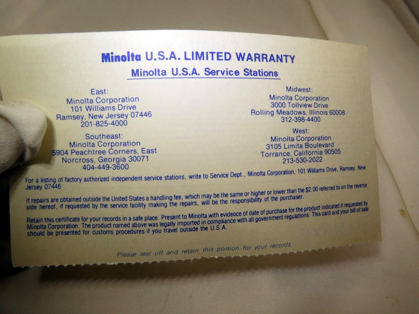 Minolta USA Limited Warranty card (EN) vintage XG-9 camera 1980