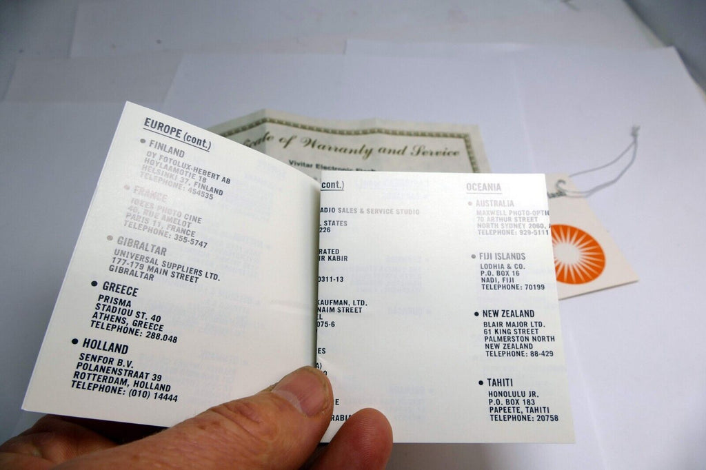 Vivitar 102 flash warranty card brochure international service centers