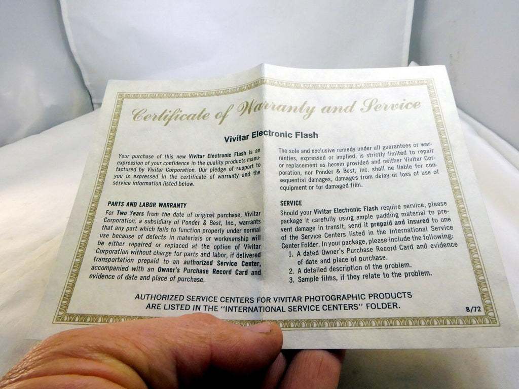Vivitar Certificate of Warranty and Service Card 352 Flash  1974 vintage