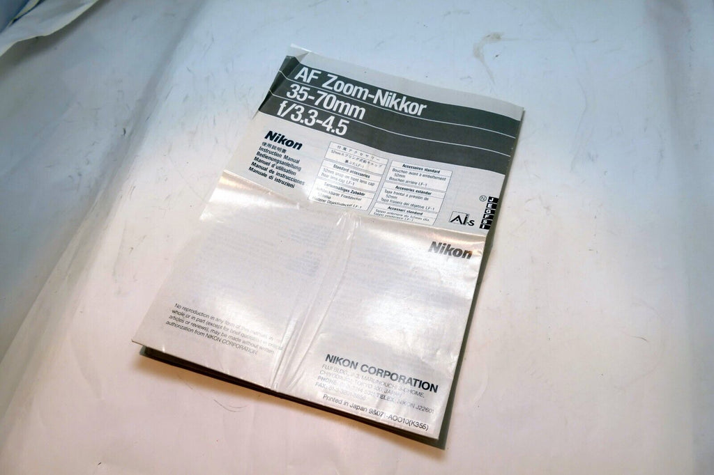 Nikon AF Zoom Nikkor 35-70mm f3.3 LENS Instruction Guide Manual OEM