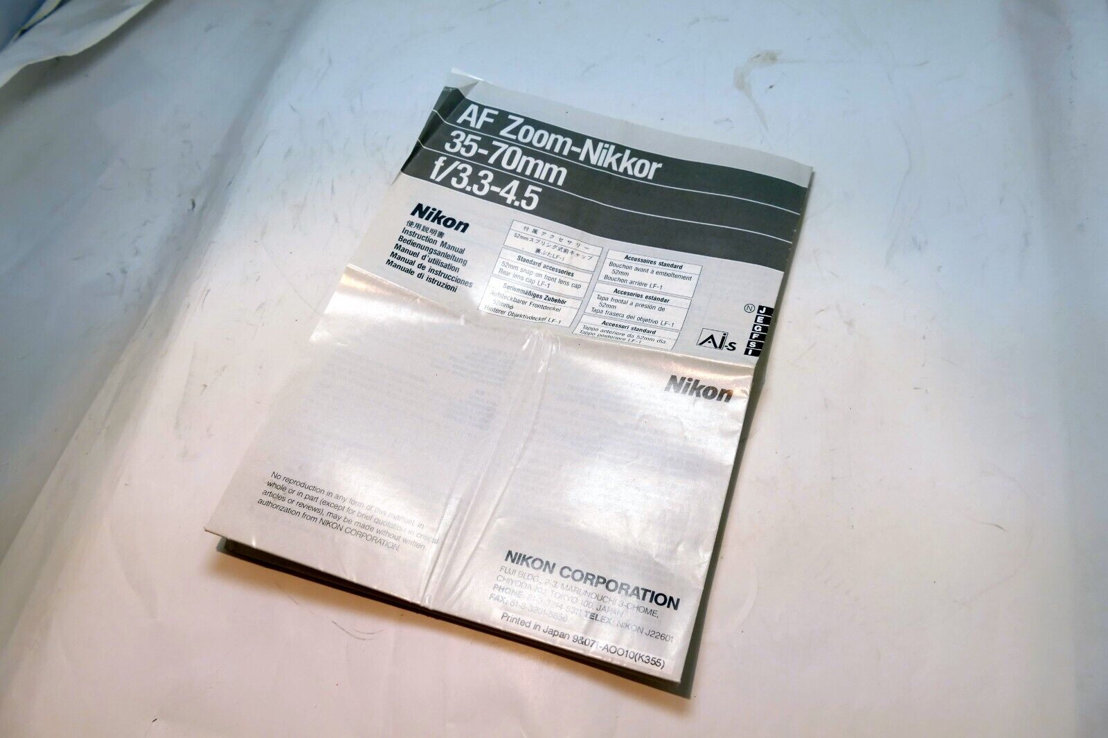 Nikon AF Zoom Nikkor 35-70mm f3.3 LENS Instruction Guide Manual OEM
