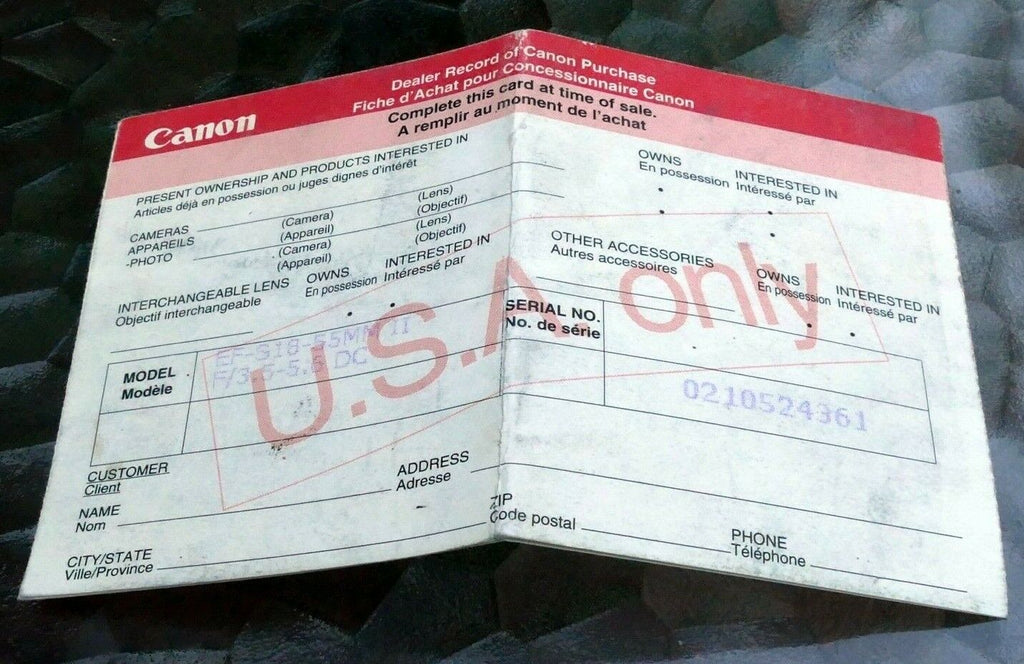 Canon EF-S 18-55mm f3.5-5.6 II DC Lens warranty booklet vintage card