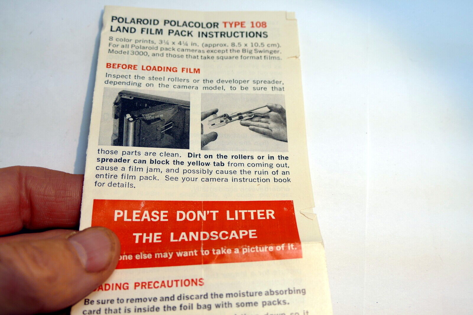 Brochure for Polaroid Type 108 Land film 3 1/4 X 4 1/2 " pack instructions