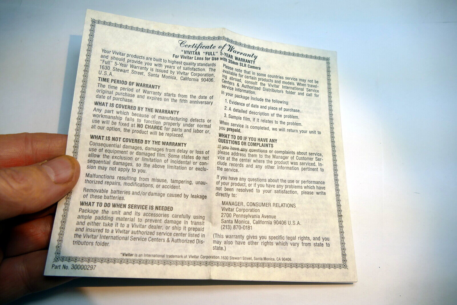 Vivitar Certificate of Warranty  35mm  Card vintage  1980's