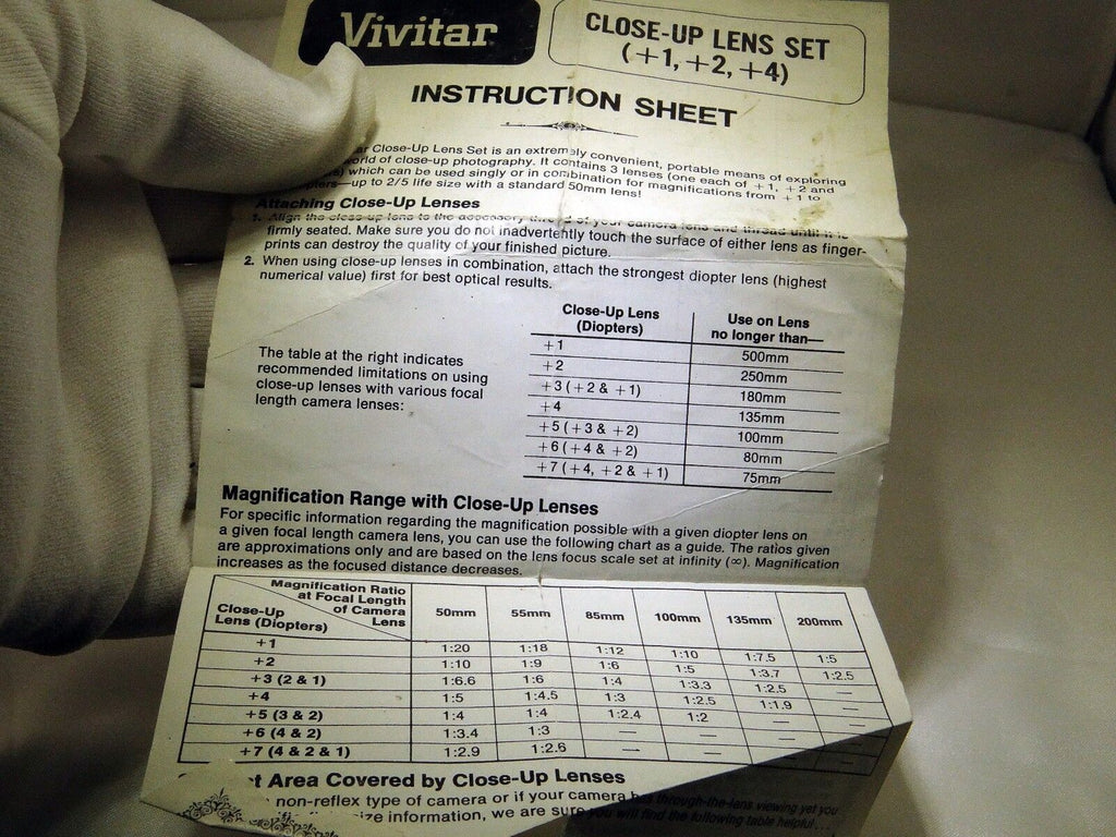 Vivitar Close-Up Macro Filters Instruction Sheet Guide +1 +2 +4 EN