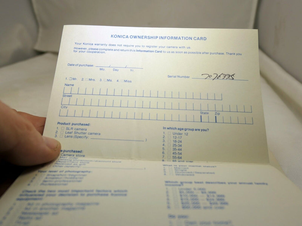 Konica Corporation Factory Service Centers  USA 1980 with owners card for lens