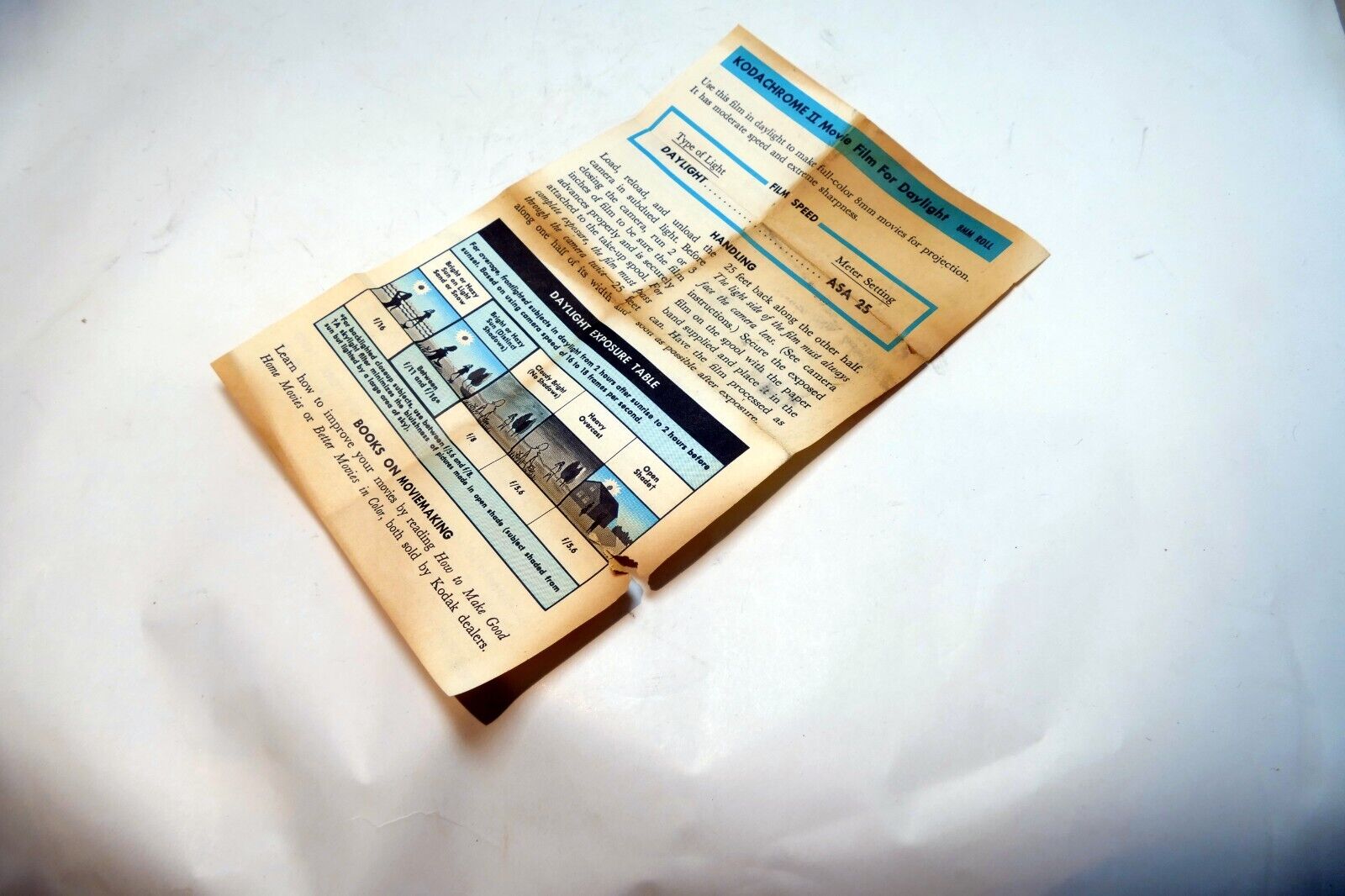 Kodak Kodachrome II Movie film Daylight 8mm ASA 25 exposure table guide