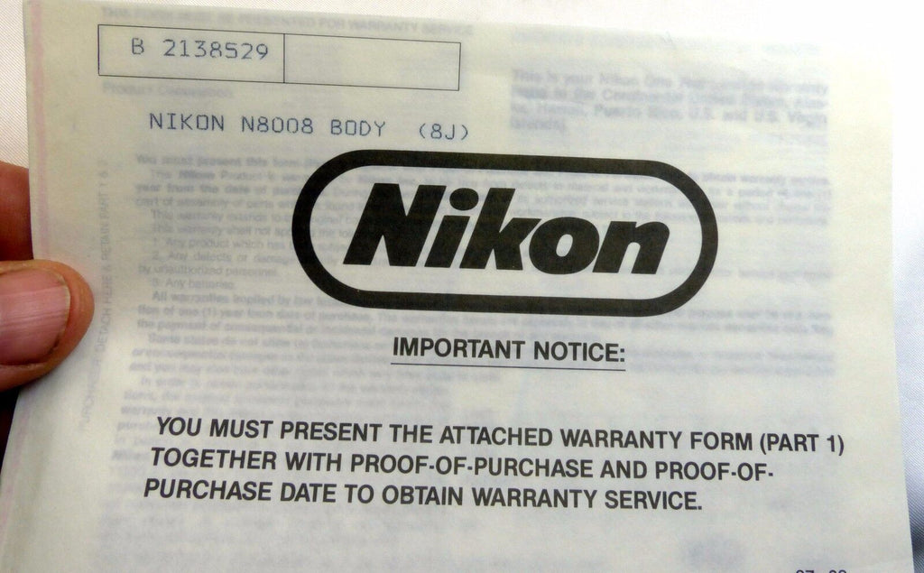 Nikon N8008 Camera warranty card vintage  English E