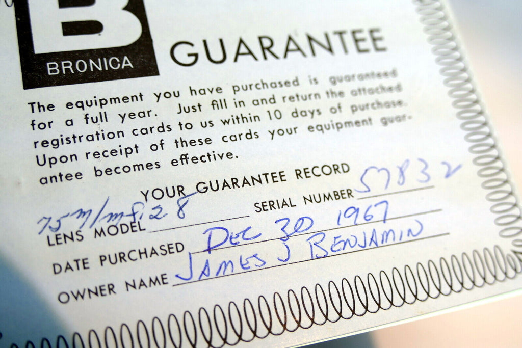 Bronica warranty card 1967 model  S2 camera 75mm f2.8 lens  vintage