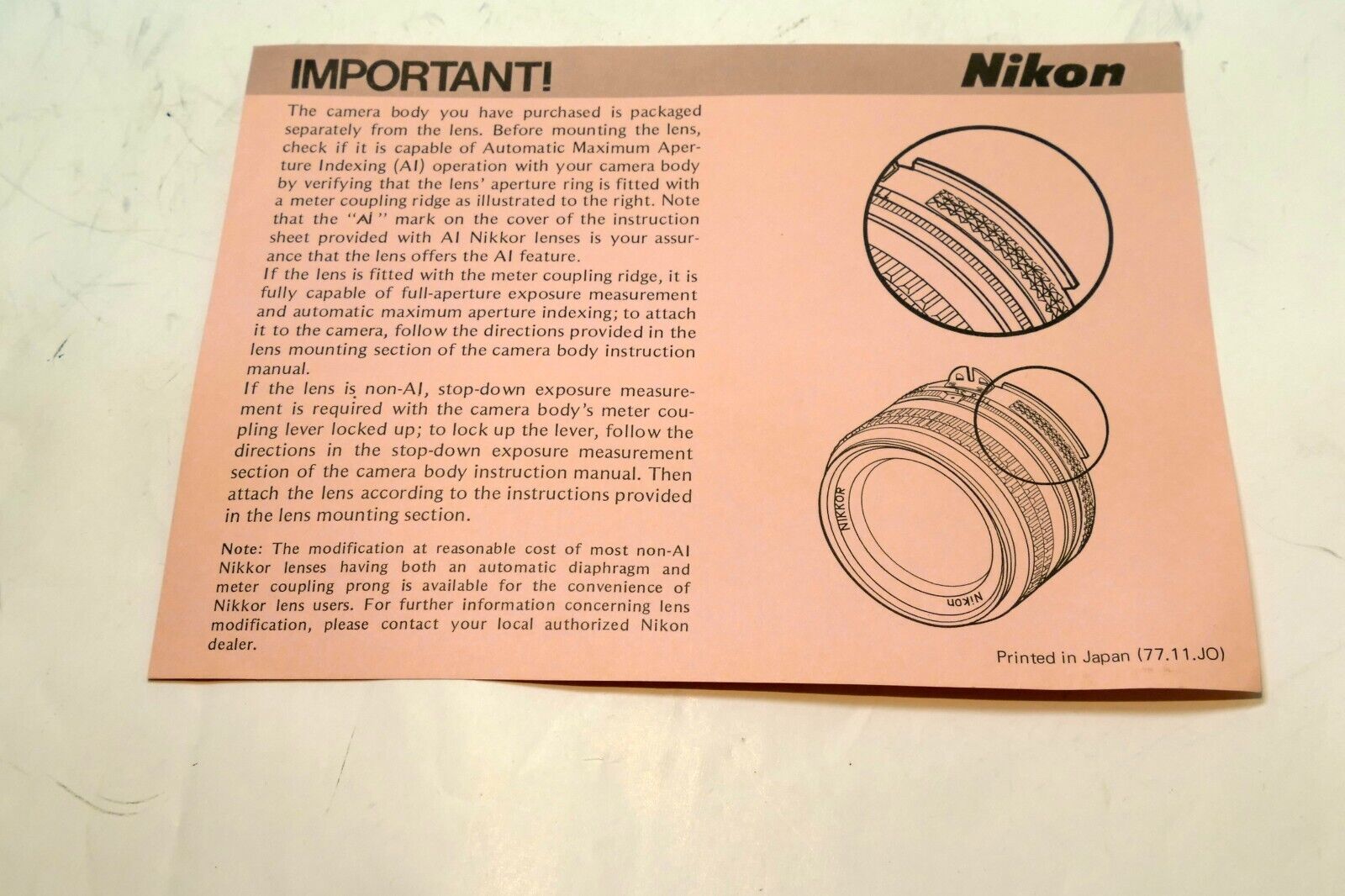 Nikon card for Ai coupling guide  for F camera Non Ai
