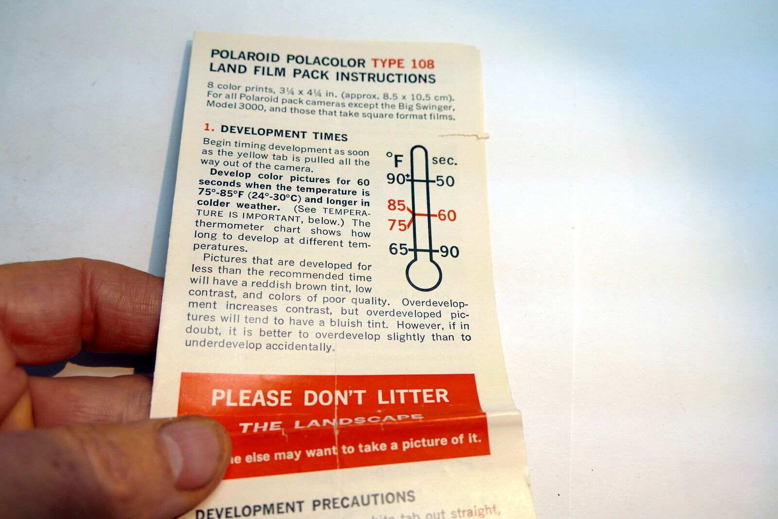 Brochure for Polaroid Type 108 Land film 3 1/4 X 4 1/2 " pack instructions