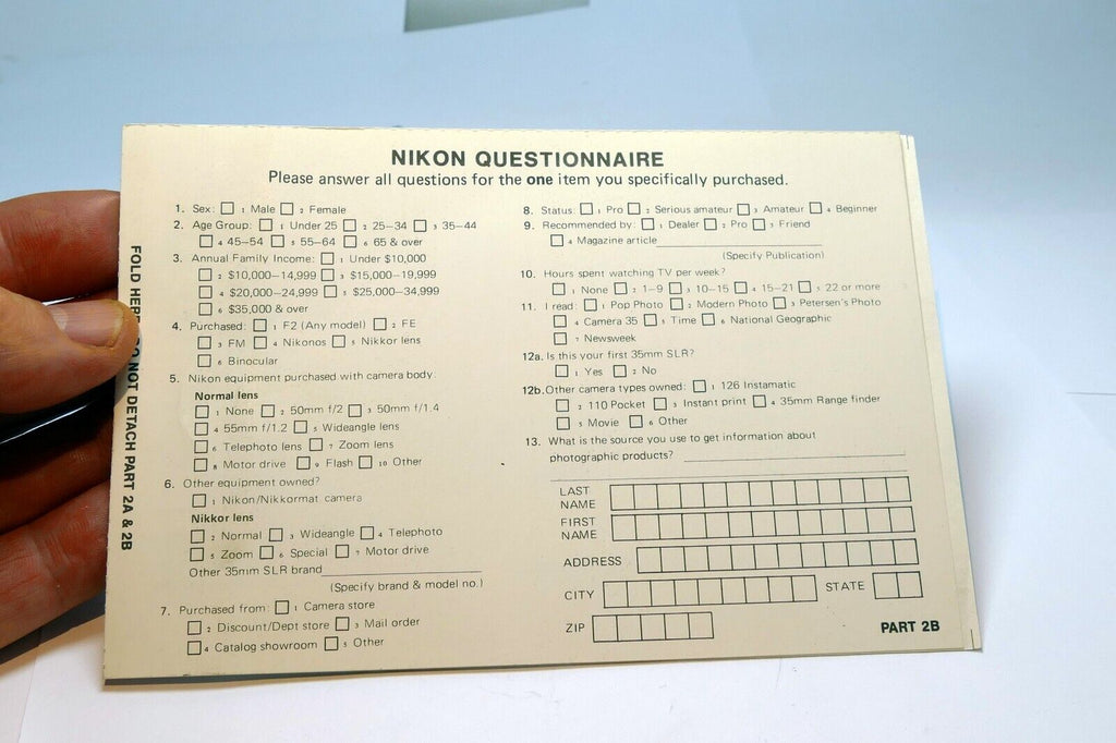 Nikon FE camera registration card 1980 genuine OEM - mint