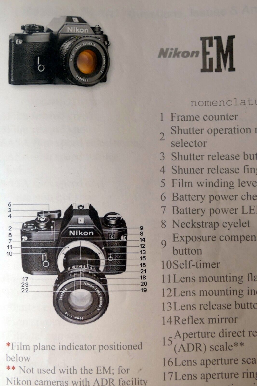 Camera guide instruction manual printed and bound folder  for Nikon EM
