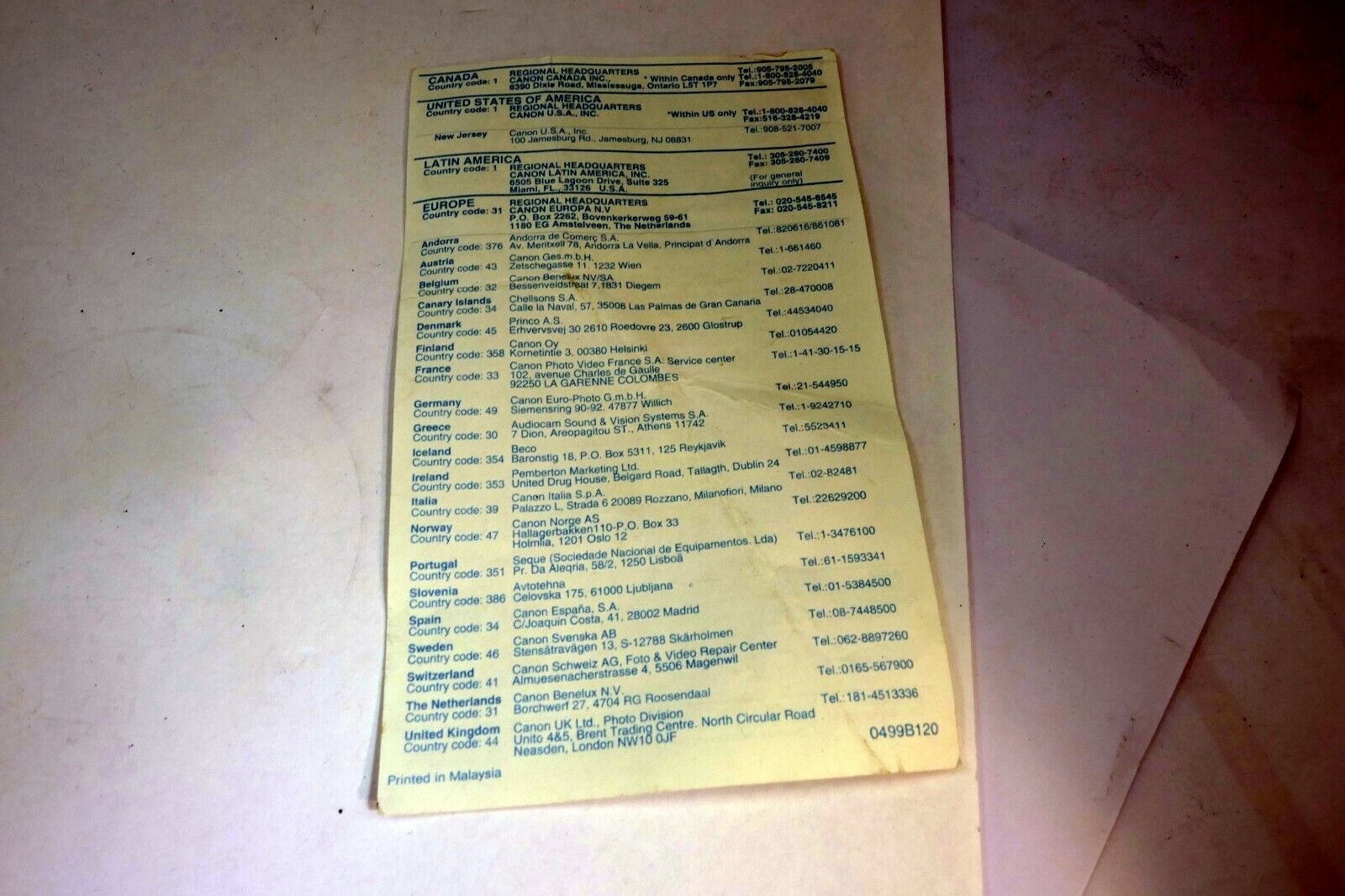 Canon camera International Service network addresses vintage 1980's