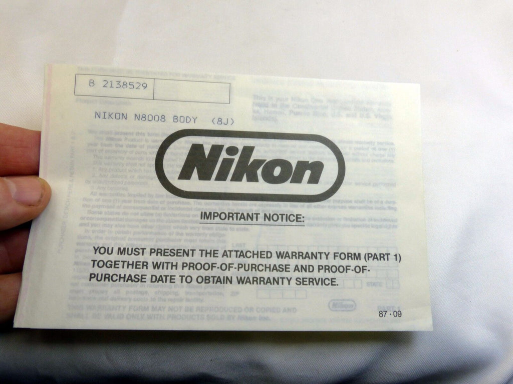 Nikon N8008 Camera warranty card vintage  English E