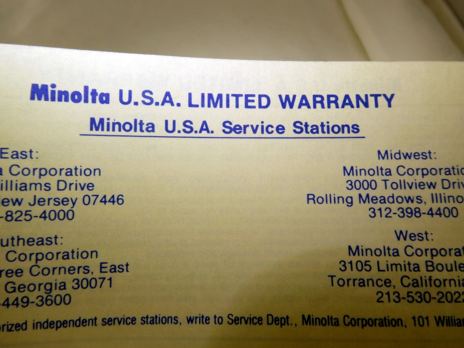 Minolta USA Limited Warranty card (EN) vintage XG-9 camera 1980