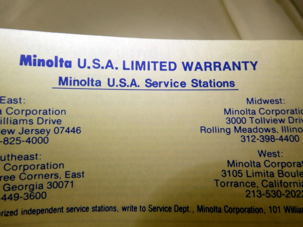 Minolta USA Limited Warranty card (EN) vintage XG-9 camera 1980