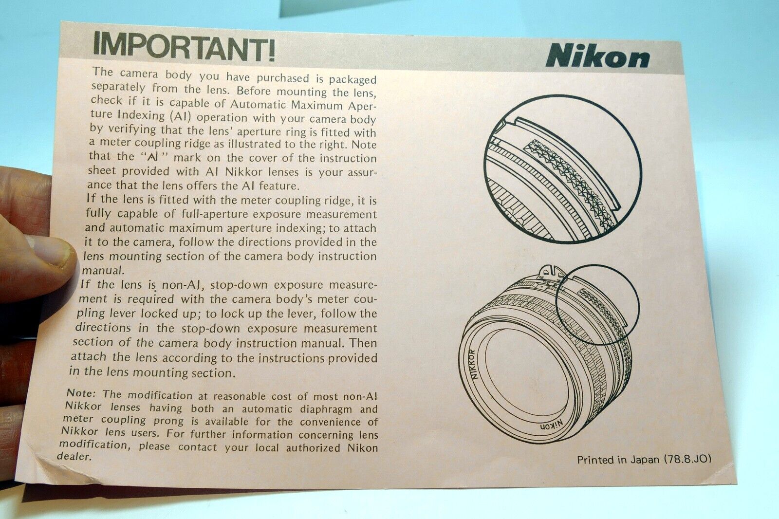 Nikon FE Automatic Indexing Operation lock Ai mount lens card brochure
