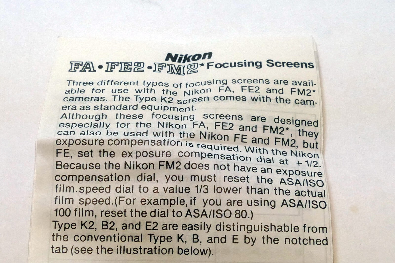 Nikon FA FE2 FM2 Focusing Screen System Brochure Reference Guide camera