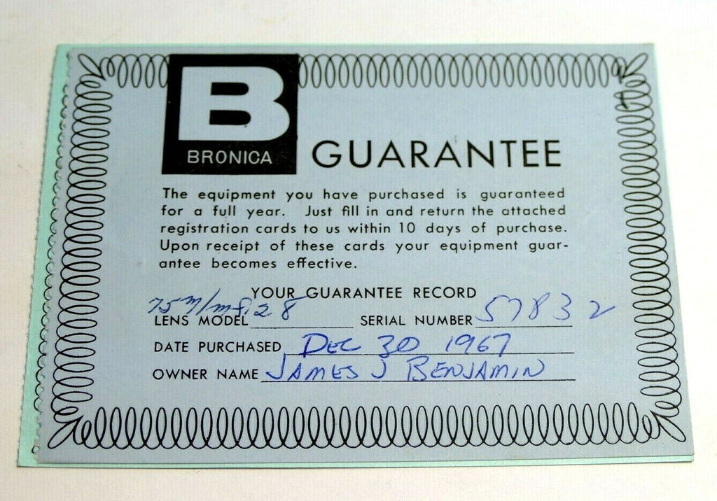 Bronica warranty card 1967 model  S2 camera 75mm f2.8 lens  vintage