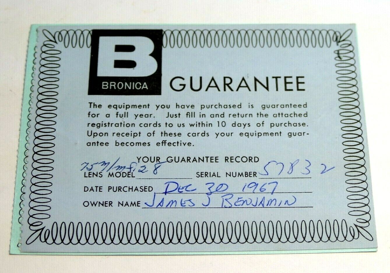 Bronica warranty card 1967 model  S2 camera 75mm f2.8 lens  vintage