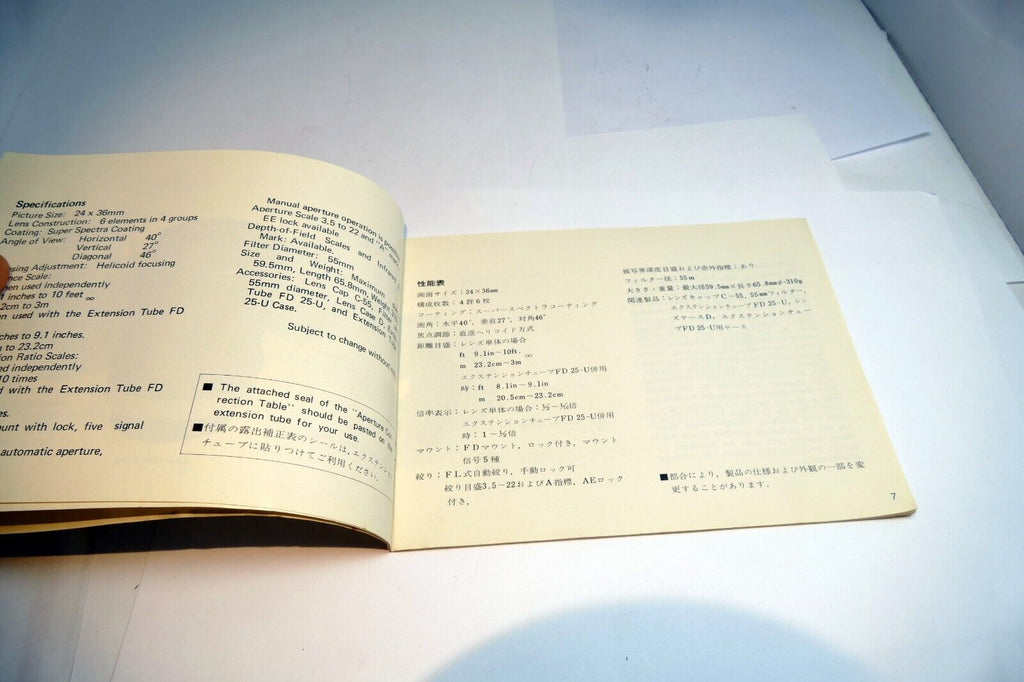 Canon  Macro 55mm f3.5 FD SC SSC Lens Guide Manual  Instructions EN 1978 EN/ JP