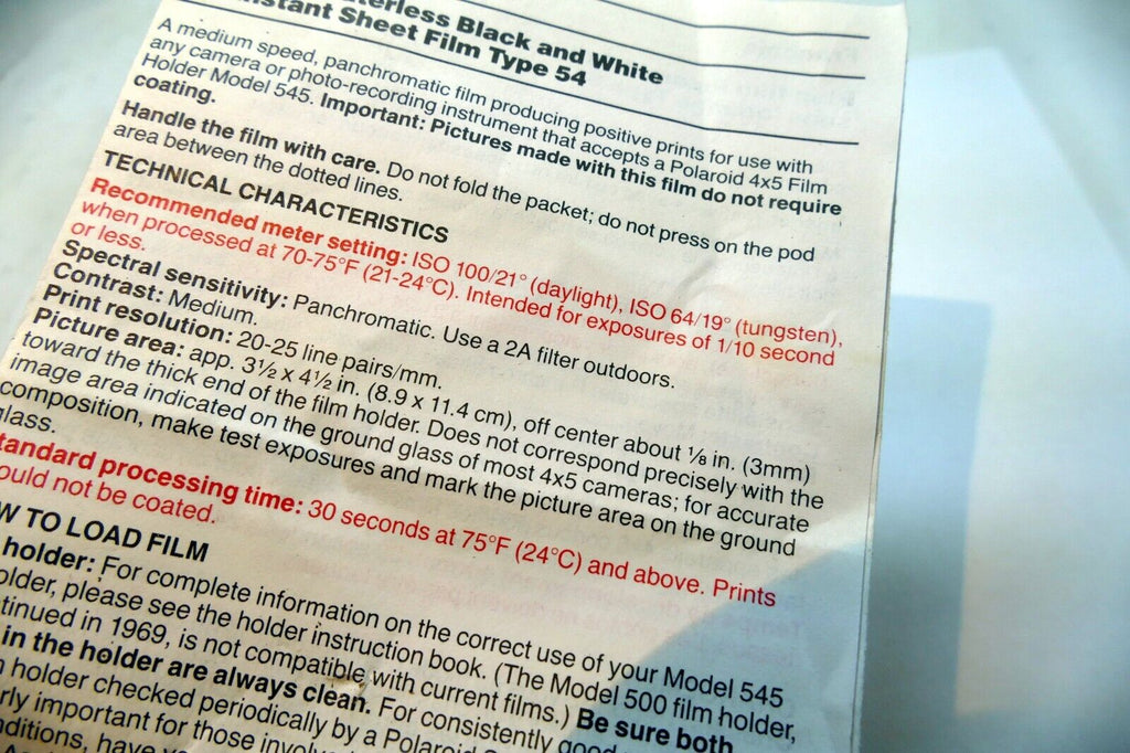 Polaroid 4X5 Instant Sheet film type 54 guide manual