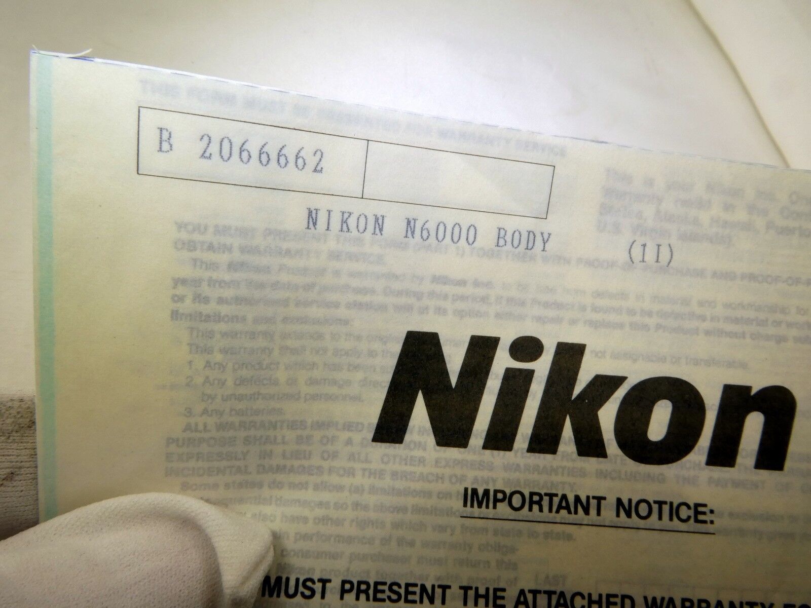 Nikon vintage warranty card (expired) for N6000  camera  EN