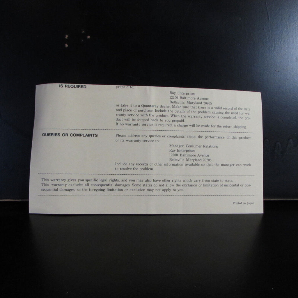 vintage Quantaray Automatic Lenses Warranty Card B00129