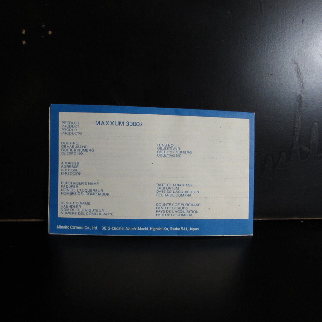 Used Minolta Maxxum 3000i Camera Warranty Certificate vintage O401849