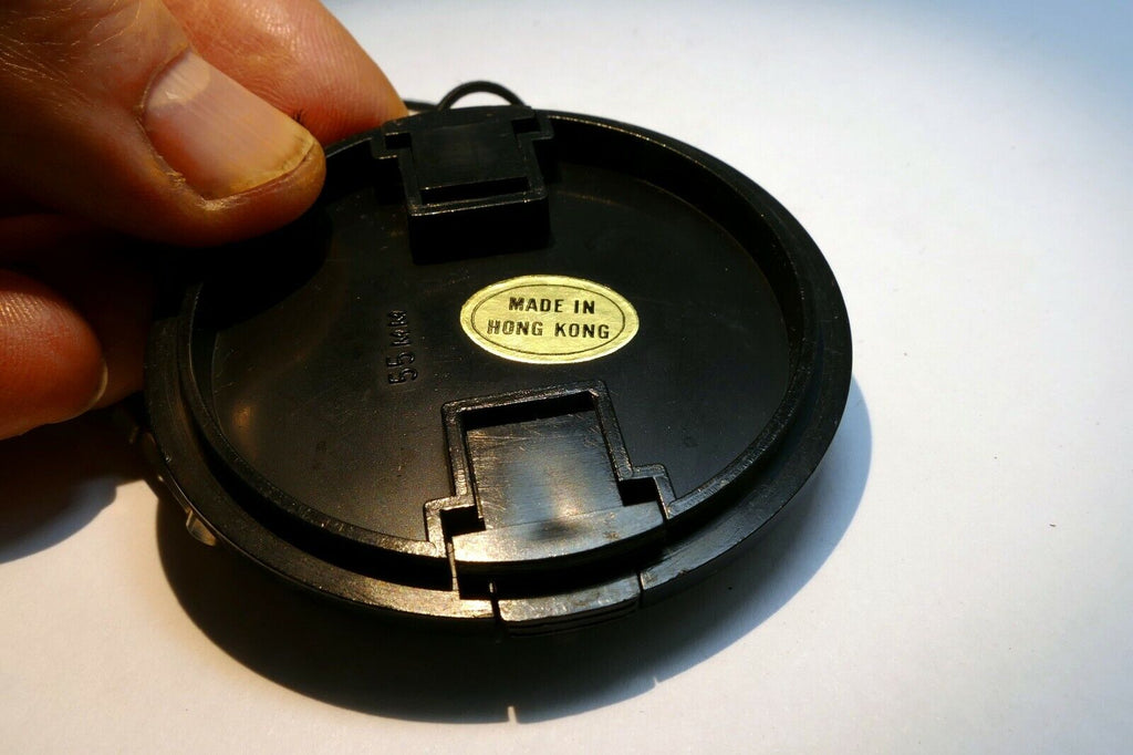 Plastic 55mm Lens front Cap made in Hong Kong with keeper string for f1.7 f1.8