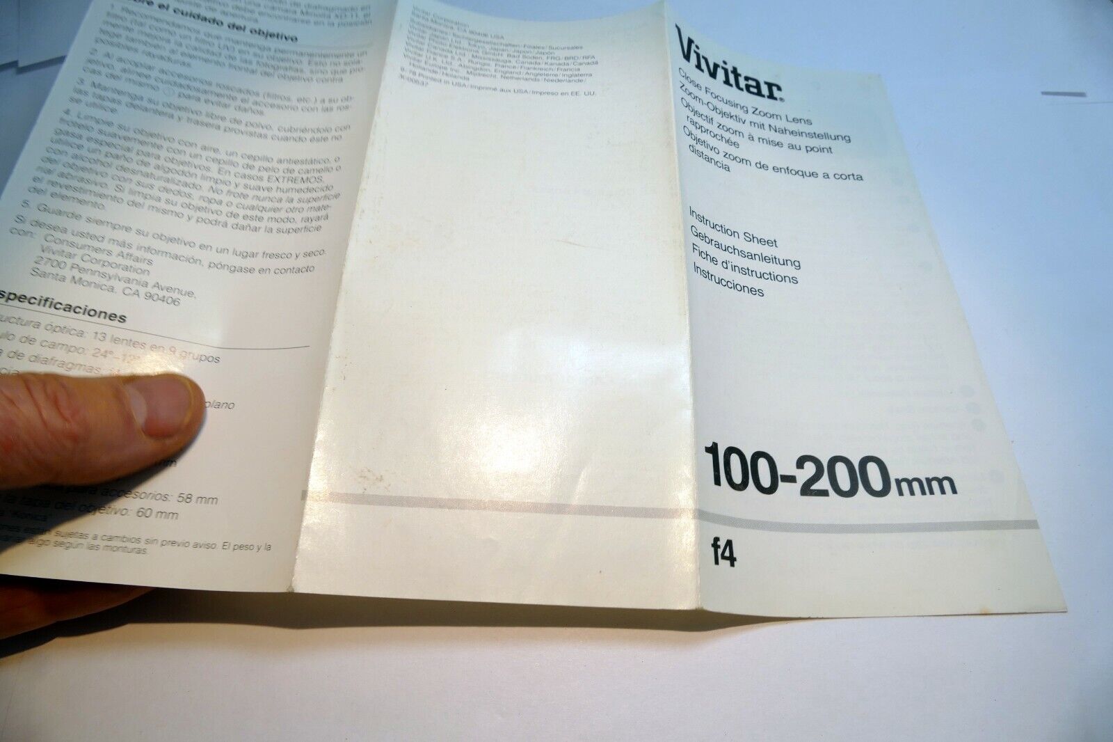Vivitar 100-200mm f4 manual focus lens Instruction Owner's Sheet  Guide